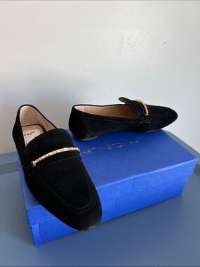 Stuart Weitzman crystal deco jet loafers black suede leather gold tone 6.5